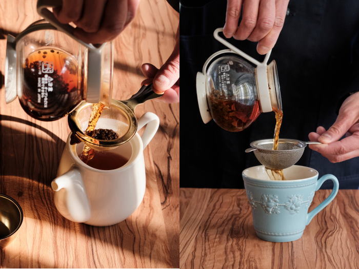 蒸らし終わったら、茶葉を濾し、紅茶を移し替える